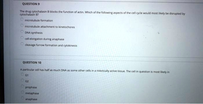 SOLVED: QUESTION 9 The drug cytochalasin blocks the function of actin ...