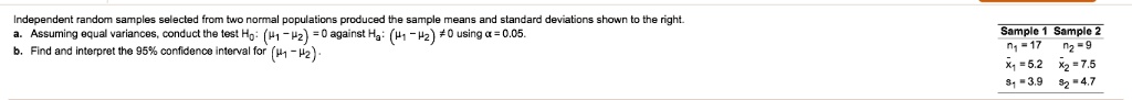 Independent random samples selected from two normal populations produced the sample means and standard deviations shown to the right.
a. Assuming equal variances, conduct the test H0: (mu1 - mu2) = 0 against Ha: (mu1 - mu2) 
eq 0 using alpha = 0.05.
b. Find and interpret the 95% confidence interval for $(mu1 - mu2)$.
Sample 1 Sample 2
n1 = 17
n2 = 9
arx1 = 5.2
arx2 = 7.5
s1 = 3.9
s2 = 4.7