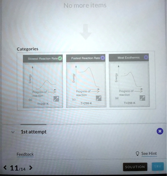 no more items categories slowest reaction rale fastesi reaciion rale most exothermic 8 progress of reaction progress of reaction progress t reaction t 298 k t 298 k t298 k ist attempt feedba 75377