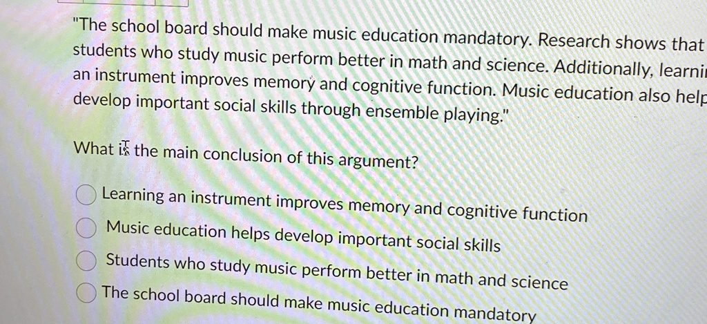 the school board should make music education mandatory research shows that students who study music perform better in math and science additionally learning an instrument improves memory and 11737