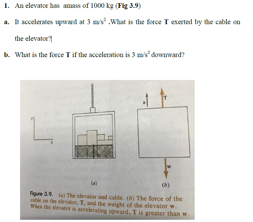 1. An elevator has a mass of 1000 kg (Fig 3.9)
a. It accelerates upward at 3 m/s². What is the force T exerted by the cable on the elevator?
b. What is the force T if the acceleration is 3 m/s² downward?
(a) (b)
Figure 3.9. (a) The elevator and cable. (b) The force of the cable on the elevator, T, and the weight of the elevator w. When the elevator is accelerating upward, T is greater than w.