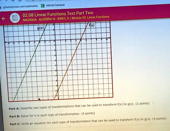 gilbertschools.net bookmarks Infinite Campus
02.08 Linear Functions Test Part Two
MA2000A - ALGEBRA IA - KRIEG, K / Module 02: Linear Functions
g(x)
f(x)
Part A: Describe two types of transformations that can be used to transform f(x) to g(x). (2 points)
Part B: Solve for k in each type of transformation. (4 points)
Part C: Write an equation for each type of transformation that can be used to transform f(x) to g(x). (4 points)