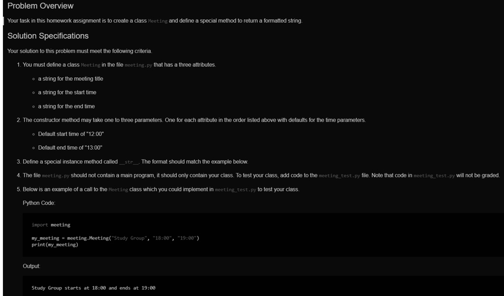 We want to write a code in a file called meeting.py that can contain ...