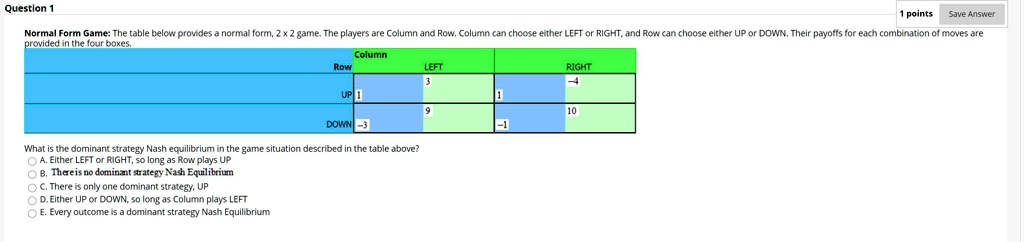 Question 1 1 points Save Answer Normal Form Game: The table below ...