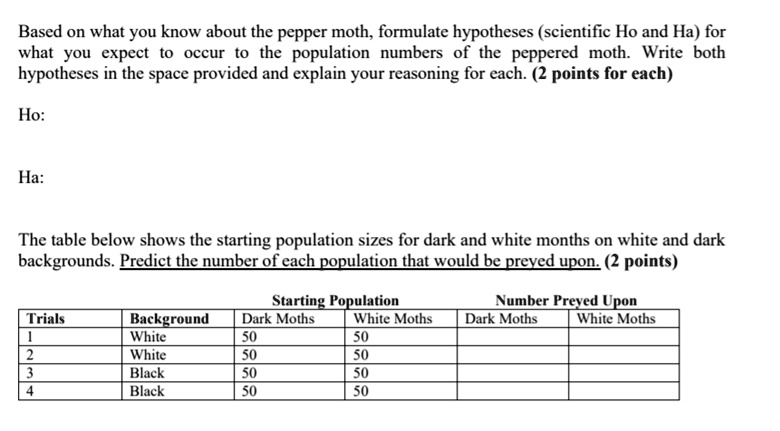 Based on what you know about the pepper moth, formulate hypotheses (scientific Ho and Ha) for what you expect to occur to the population numbers of the peppered moth. Write both hypotheses in the space provided and explain your reasoning for each. (2 points for each)

Ho:

Ha:

The table below shows the starting population sizes for dark and white moths on white and dark backgrounds. Predict the number of each population that would be preyed upon. (2 points)

Starting Population	Number Preyed Upon
Trials	Background	Dark Moths	White Moths	Dark Moths	White Moths
1	White	50	50		
2	White	50	50		
3	Black	50	50		
4	Black	50	50		