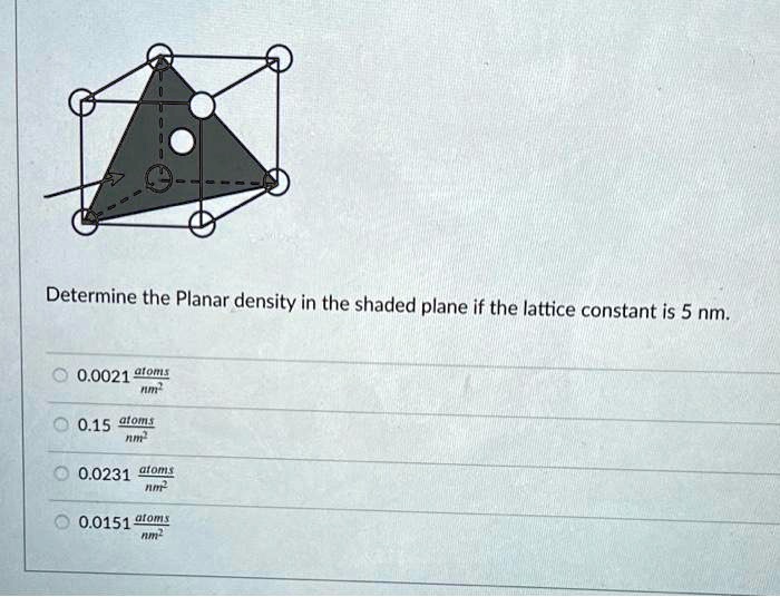 Determine the Planar density in the shaded plane if the lattice constant is 5 nm.

0.0021 atoms/nm^2
0.15 atoms/nm^2
0.0231 atoms/nm^2
0.0151 atoms/nm^2