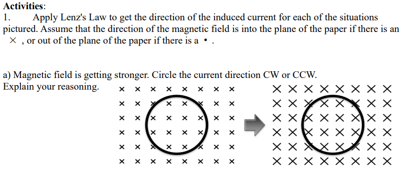 Activities:
1. Apply Lenz's Law to get the direction of the induced current for each of the situations pictured. Assume that the direction of the magnetic field is into the plane of the paper if there is an X , or out of the plane of the paper if there is a • .

a) Magnetic field is getting stronger. Circle the current direction CW or CCW.
Explain your reasoning.