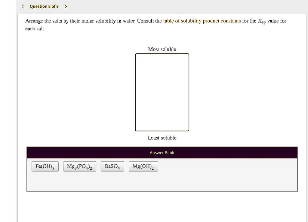 SOLVED Arrange the salts by their molar solubility in water. Consult