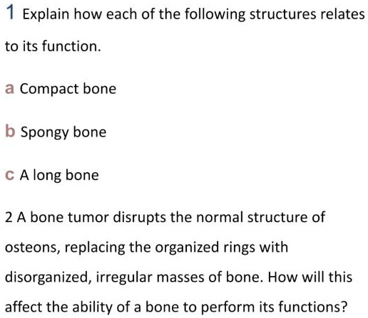1 Explain how each of the following structures relates to its function.
a Compact bone
b Spongy bone
c A long bone
2 A bone tumor disrupts the normal structure of osteons, replacing the organized rings with disorganized, irregular masses of bone. How will this affect the ability of a bone to perform its functions?