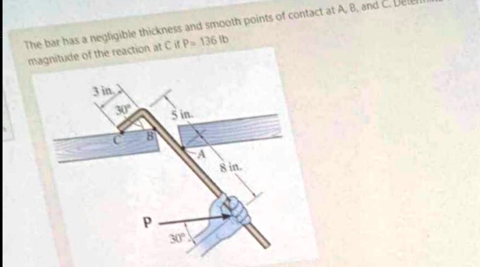 the bar has a negligible thickness and smooth points of contact at a b and c determine the magnitude of the reaction at c if p 136 lb 3 in 30 5 in c b a 8 in p 30 73738