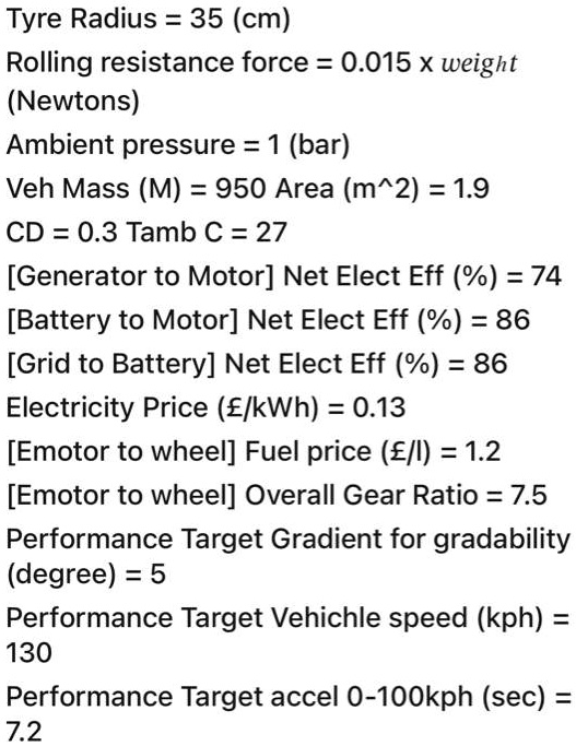 Powertrain sizing Calculate the required electric motor power if it is