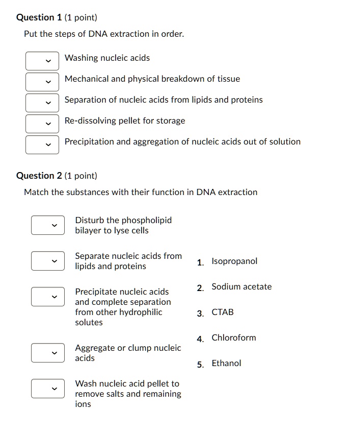SOLVED Question 1 (1 point) Put the steps of DNA extraction in order