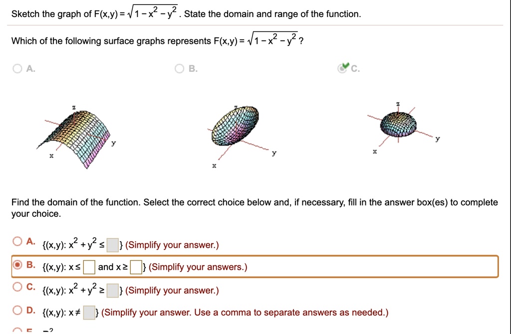 Solved Sketch The Graph Of F X Y 1 X2 Y2 State The Domain And Range Of The Function Which Of The Following Surface Graphs Represents F X Y 41 X Y Oa 0 B Find The