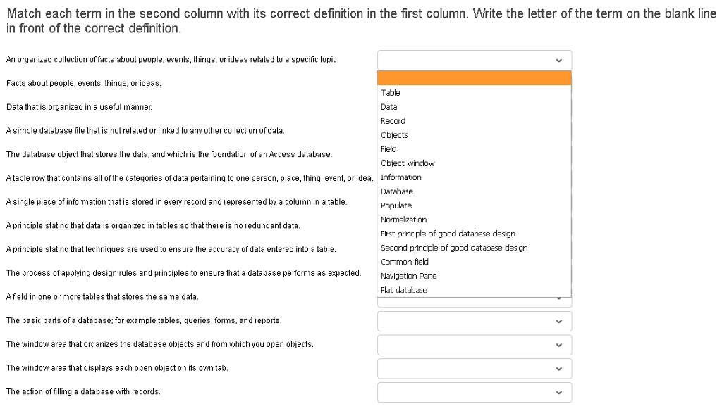 SOLVED Match each term in the second column with its correct