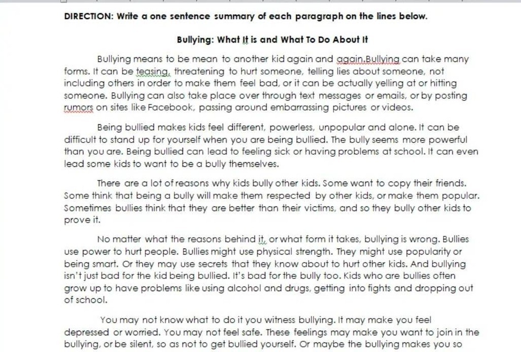 SOLVED DIRECTION Write a one sentence summary of each paragraph on