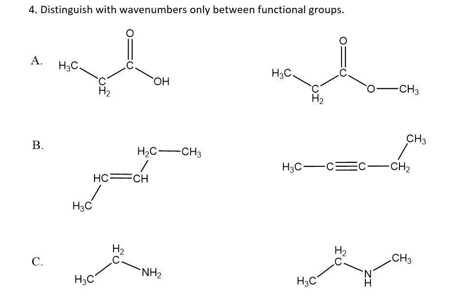 Solved 4 Distinguish With Wavenumbers Only Between Functional Groups A H3c Oh H2 H2 Ch3 B H3c 7507