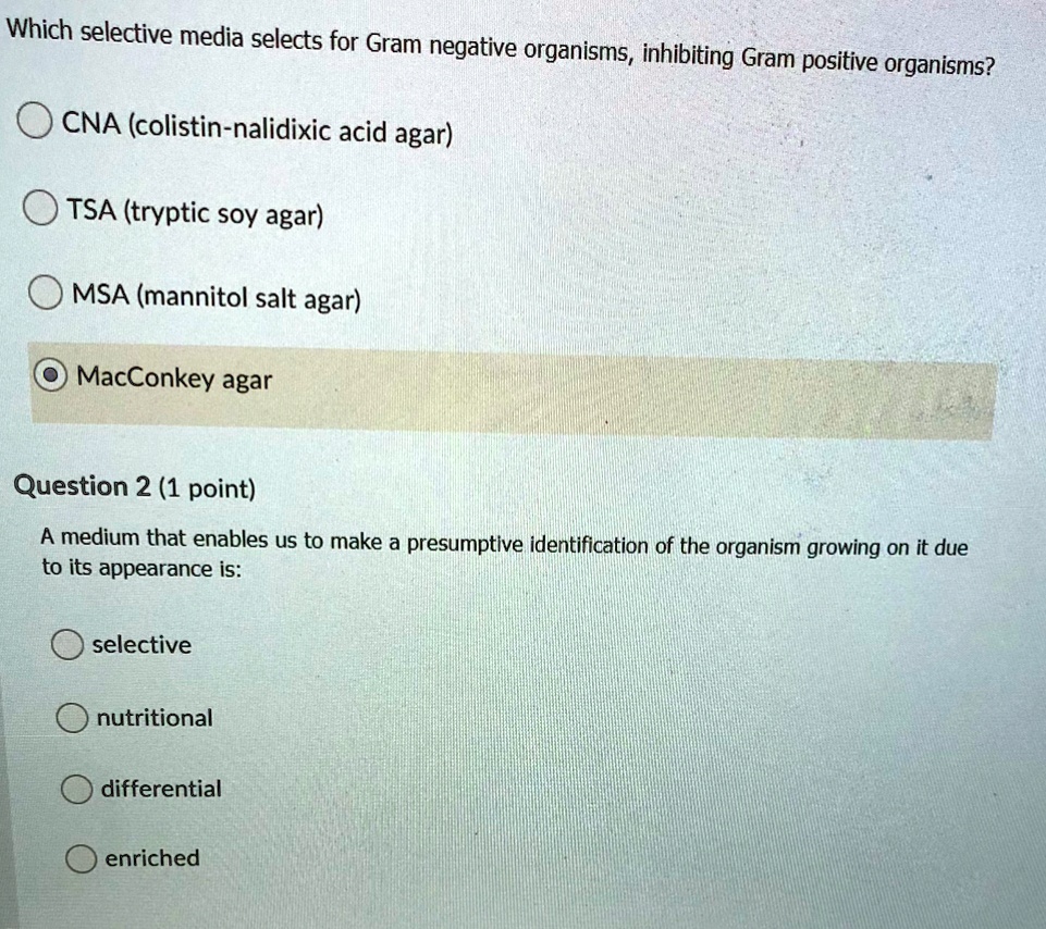 SOLVED Which selective media selects for Gram negative organisms