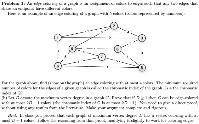 problem 1 an edge coloring of graph is an assignment of colors edlge such that any edges that share an endpoint have different colors here example of an edge coloring of graph with colors co .5187