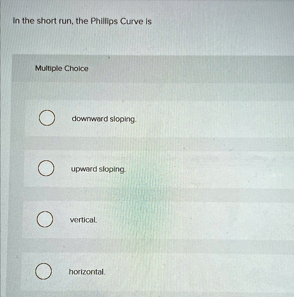 SOLVED: In the short run, the Phillips Curve is Multiple Choice ...