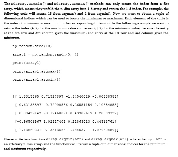 writing code for python the ndarray argnin and rdarray argmax methods ...