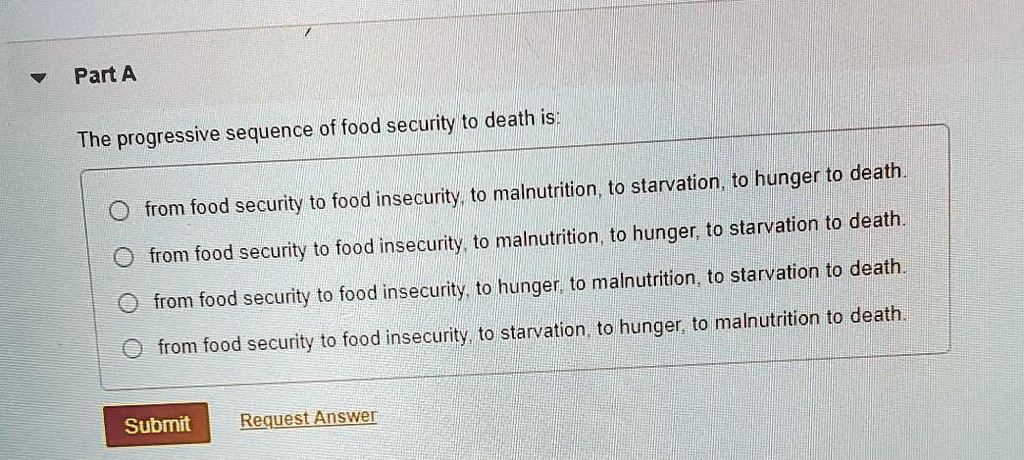 Part A

The progressive sequence of food security to death is:

from food security to food insecurity, to malnutrition, to starvation, to hunger to death.
from food security to food insecurity, to malnutrition, to hunger, to starvation to death.
from food security to food insecurity, to hunger, to malnutrition, to starvation to death.
from food security to food insecurity, to starvation, to hunger, to malnutrition to death.