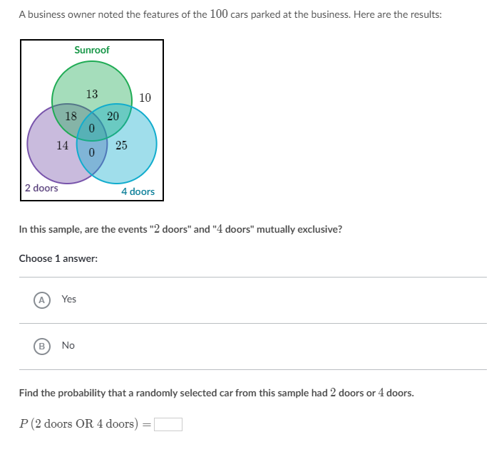 SOLVED: A business owner noted the features of the 100 cars parked at ...