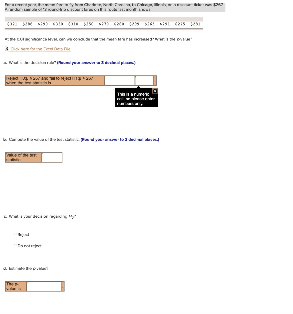 SOLVED For the recent year the mean fare to fly from Charlotte