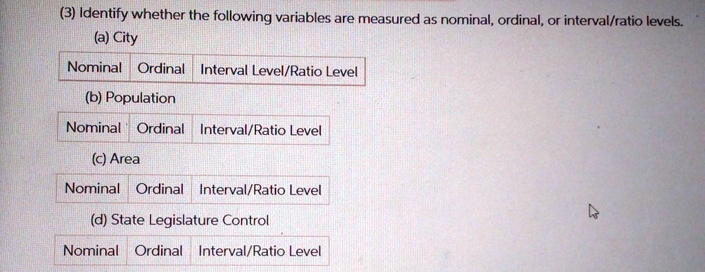 IDENTIFY THE DATA SET S LEVEL OF MEASUREMENT NOMINAL ORDINAL INTERVAL RATIO visual data 3