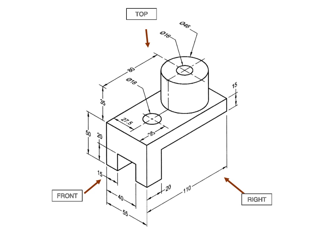 SOLVED: Draw the front, top and right side views, isometric pictorial ...