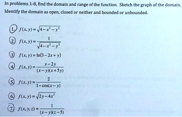 Solved Problems 1 8 Find The Domain And Range Of The Function Sketch The Graph Of The Domain Identify The Domain As Open Closed Or Neither And Bounded Or Unbounded F Xy V4 X Y F Xy V4 X Y F Xy