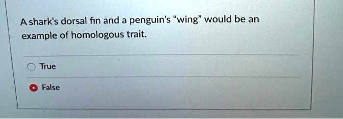 A shark's dorsal fin and a penguin's "wing" would be an example of homologous trait.
True
False