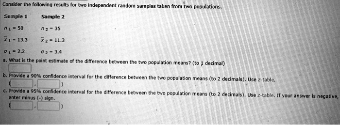 Consider the following results for two independent random samples taken from two populations.

Sample 1 Sample 2
n1 = 50 n2 = 35
x?1 = 13.3 x?2 = 11.3
?1 = 2.2 ?2 = 3.4

a. What is the point estimate of the difference between the two population means? (to 1 decimal)

b. Provide a 90% confidence interval for the difference between the two population means (to 2 decimals). Use z-table.

c. Provide a 95% confidence interval for the difference between the two population means (to 2 decimals). Use z-table. If your answer is negative, enter minus (-) sign.