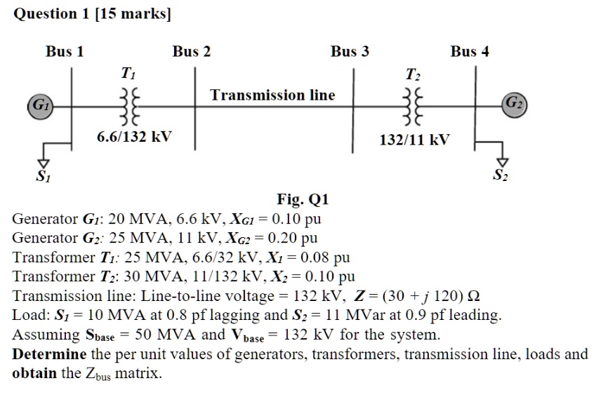 SOLVED: Bus 1 Bus 2 Bus 3 Bus 4 T1 T2 Transmission line 38 )( 6.6/132 ...