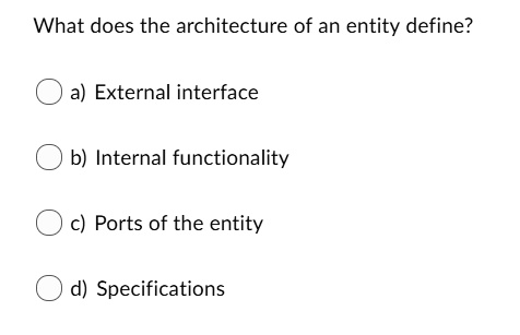 What does the architecture of an entity define?
a) External interface
b) Internal functionality
c) Ports of the entity
d) Specifications