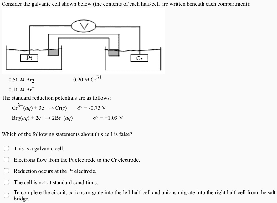 SOLVED: Consider the galvanic cell shown below (the contents of each ...