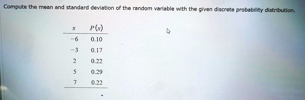 Compute the mean and standard deviation of the random variable with the given discrete probability distribution.

x	P(x)
-6	0.10
-3	0.17
2	0.22
5	0.29
7	0.22