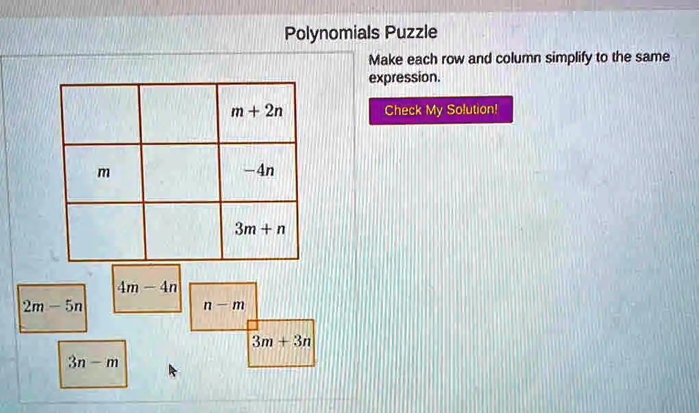 SOLVED: Polynomials Puzzle Make each row and column simplify t0 the ...