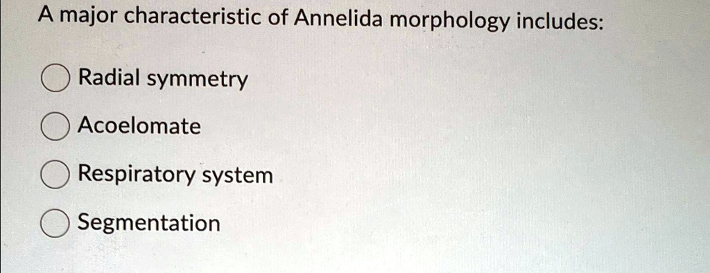 SOLVED: A major characteristic of Annelida morphology includes: Radial ...