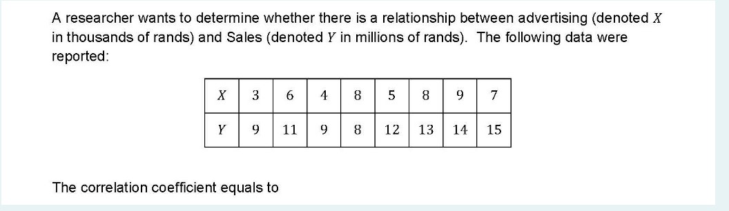 A researcher wants to determine whether there is a relationship between advertising (denoted ( X ) in thousands of rands) and Sales (denoted ( Y ) in millions of rands). The following data were reported:
egintabular|c|c|c|c|c|c|c|c|c|
hline( X )     3     6     4     8     5     8     9     7 hline( Y )     9     11     9     8     12     13     14     15 hline
endtabular
The correlation coefficient equals to