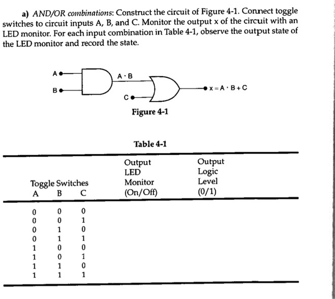 SOLVED: AND/OR Combinations: Construct the circuit of Figure 4-1 ...
