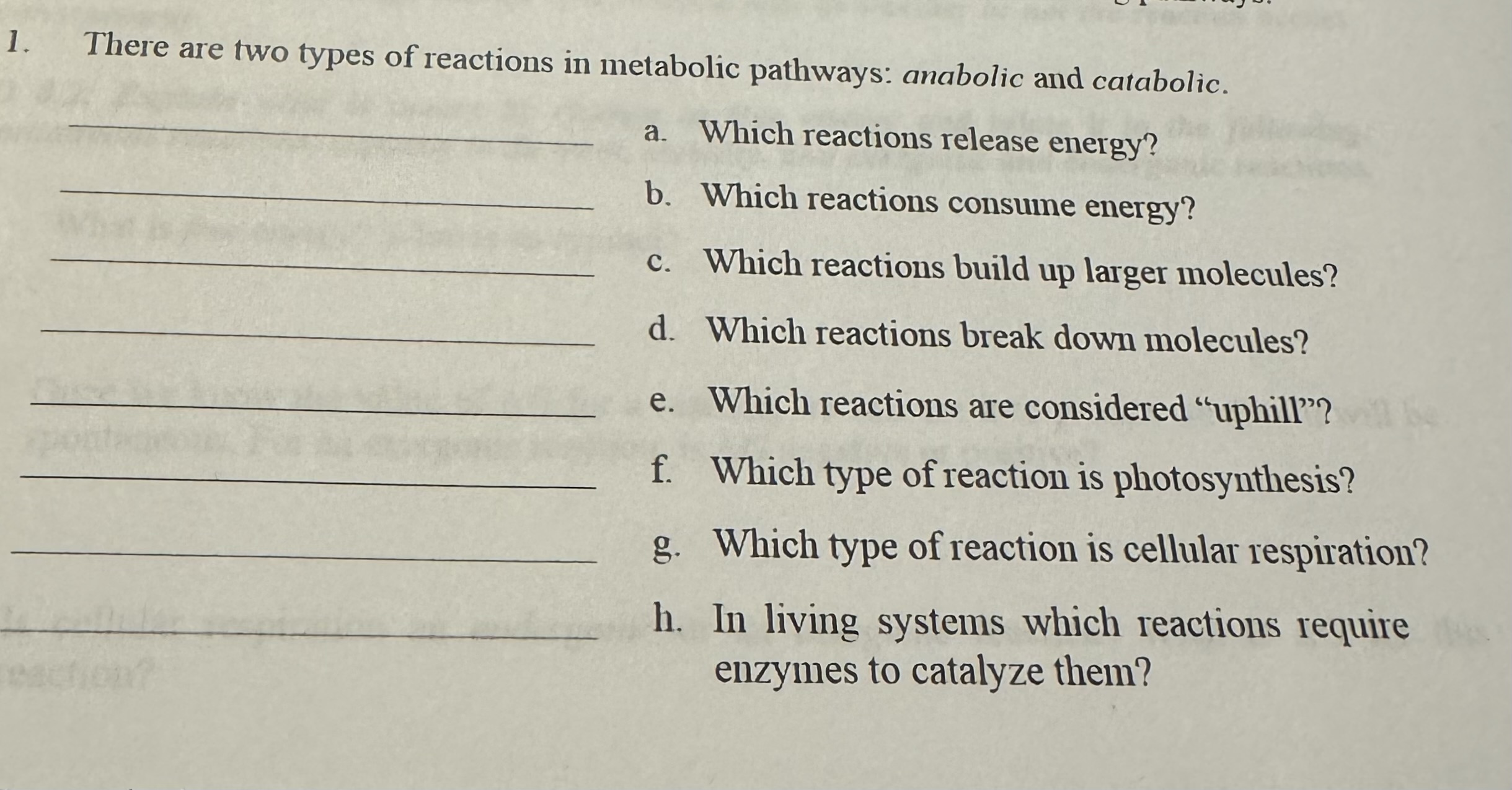 1 there are two types of reactions in metabolic pathways anabolic and