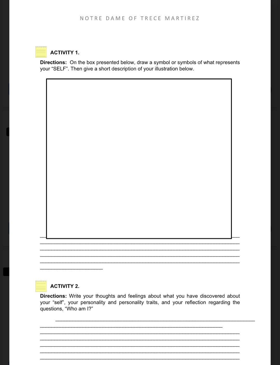 NOTRE DAME OF TRECE MARTIREZ ACTIVITY 1. Directions: On the box ...