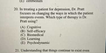 20. In treating a patient for depression, Dr. Pratt focuses on changing the ways in which the patient interprets events. Which type of therapy is Dr. Pratt using?
(A) Cognitive
(B) Self-efficacy
(C) Biomedical
(D) Learning
(E) Psychodynamic
21. Understanding that things continue to exist even
