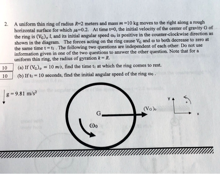 SOLVED: A Uniform Thin Ring Of Radius R = 2 Meters And Mass M = 10 Kg ...