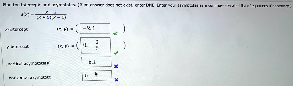 Find the intercepts and asymptotes. (If an answer does not exist, enter DNE. Enter your asymptotes as a comma-separated list of equations if necessary.)
s(x) = (x + 2) / ((x + 5)(x - 1))
x-intercept (x, y) = (-2, 0)
y-intercept (x, y) = (0, -2/5)
vertical asymptote(s) -5, 1
horizontal asymptote 0