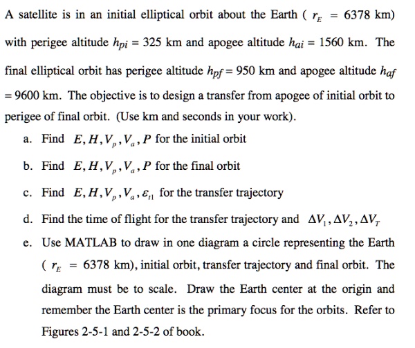 A satellite is in an initial elliptical orbit about the Earth ( rE = 6378 km) with perigee altitude hpi = 325 km and apogee altitude hai = 1560 km. The final elliptical orbit has perigee altitude hpf = 950 km and apogee altitude haf = 9600 km. The objective is to design a transfer from apogee of initial orbit to perigee of final orbit. (Use km and seconds in your work).
a. Find E, H, Vp, Va, P for the initial orbit
b. Find E, H, Vp, Va, P for the final orbit
c. Find E, H, Vp, Va, ?t1 for the transfer trajectory
d. Find the time of flight for the transfer trajectory and ?V1, ?V2, ?VT
e. Use MATLAB to draw in one diagram a circle representing the Earth ( rE = 6378 km), initial orbit, transfer trajectory and final orbit. The diagram must be to scale. Draw the Earth center at the origin and remember the Earth center is the primary focus for the orbits. Refer to Figures 2-5-1 and 2-5-2 of book.
