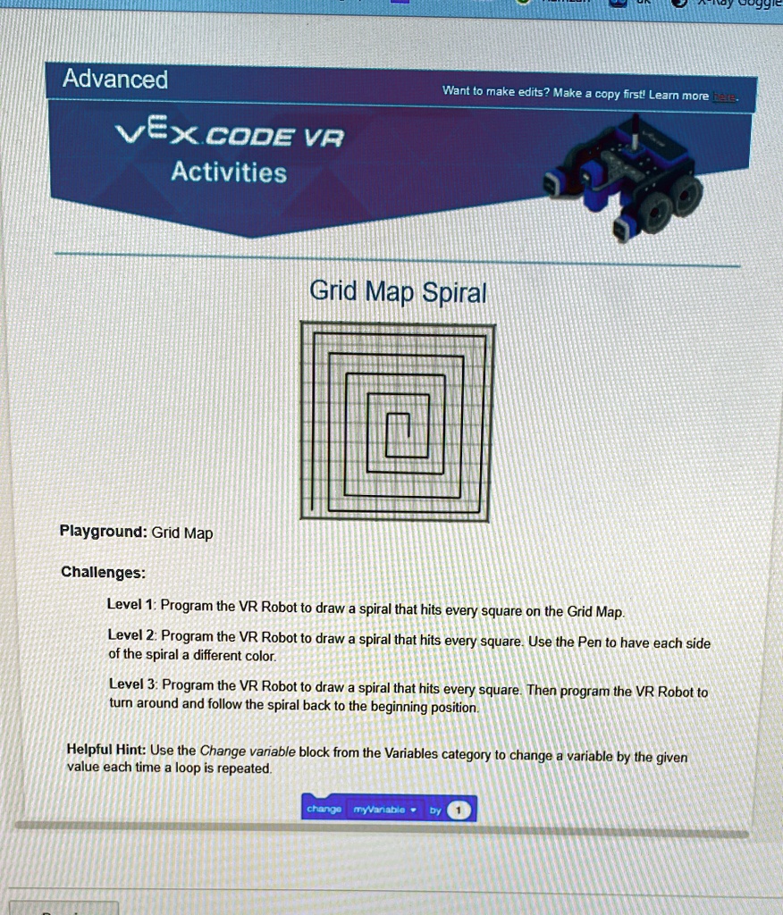 Advanced VEX CODE VR Activities Want to make edits? Make a copy first ...