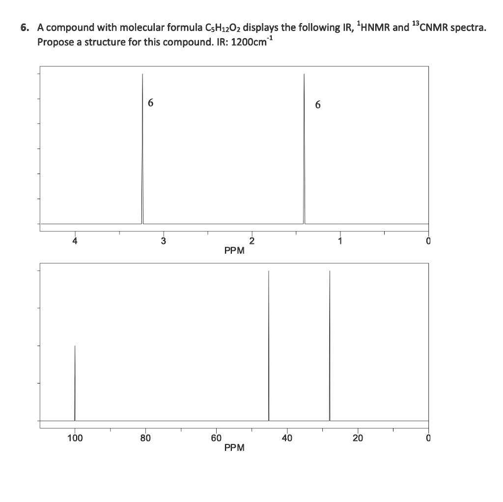 6. A compound with molecular formula C5H12O2 displays the following IR, 1HNMR and 13CNMR spectra. Propose a structure for this compound. IR: 1200cm-1