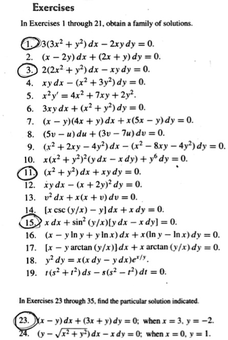 Solved Exercises In Exercises Through 21 Obtain Family Of Solutions 93 3x Yl Dx 2xydy 0 X 2y Dx 2x Y Dy 0 2 2x Y Dx Xydy 0