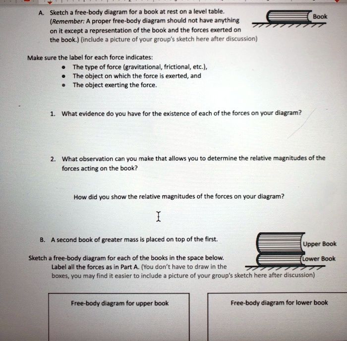 A. Sketch a free-body diagram for a book at rest on a level table. (Remember: A proper free-body diagram should not have anything on it except a representation of the book and the forces exerted on the book.) (include a picture of your group's sketch here after discussion) Book Make sure the label for each force indicates: The type of force (gravitational, frictional, etc.), The object on which the force is exerted, and The object exerting the force. 1. What evidence do you have for the existence of each of the forces on your diagram? 2. What observation can you make that allows you to determine the relative magnitudes of the forces acting on the book? How did you show the relative magnitudes of the forces on your diagram? B. A second book of greater mass is placed on top of the first. Upper Book Lower Book Sketch a free-body diagram for each of the books in the space below. Label all the forces as in Part A. (You don't have to draw in the boxes, you may find it easier to include a picture of your group's sketch here after discussion) Free-body diagram for upper book Free-body diagram for lower book